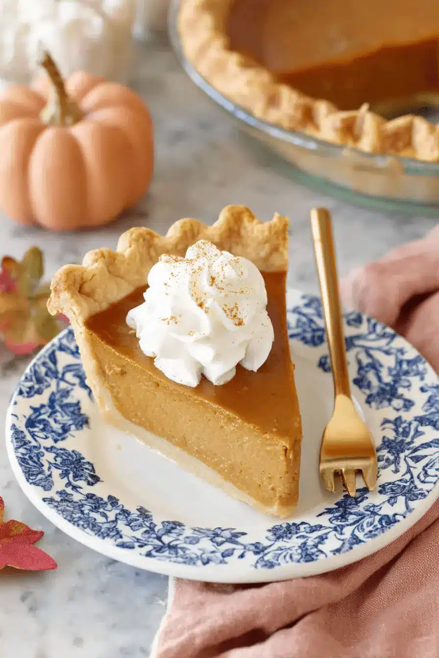 Ultimate Foolproof Pumpkin Pie Recipe 2 A tempting slice of homemade pumpkin pie with whipped cream and cinnamon on a floral plate, showcasing a classic pumpkin pie recipe.