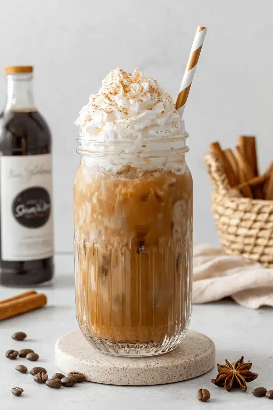 Magic Homemade Pumpkin Spice Latte Recipe 2 Iced pumpkin spice latte in a fluted glass jar, topped with whipped cream, cinnamon, and a gold-striped straw, surrounded by coffee beans and autumnal spices.