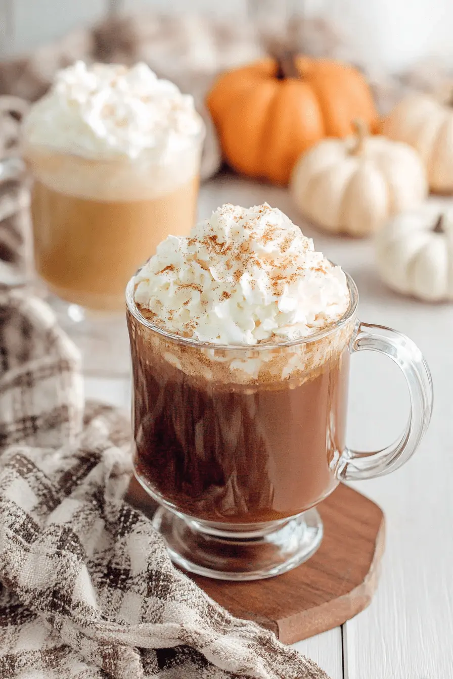 Amazing Pumpkin Spice Hot Chocolate Recipe 2 Steaming mug of pumpkin spice hot chocolate with whipped cream and cinnamon, on a wooden coaster with autumn decor.