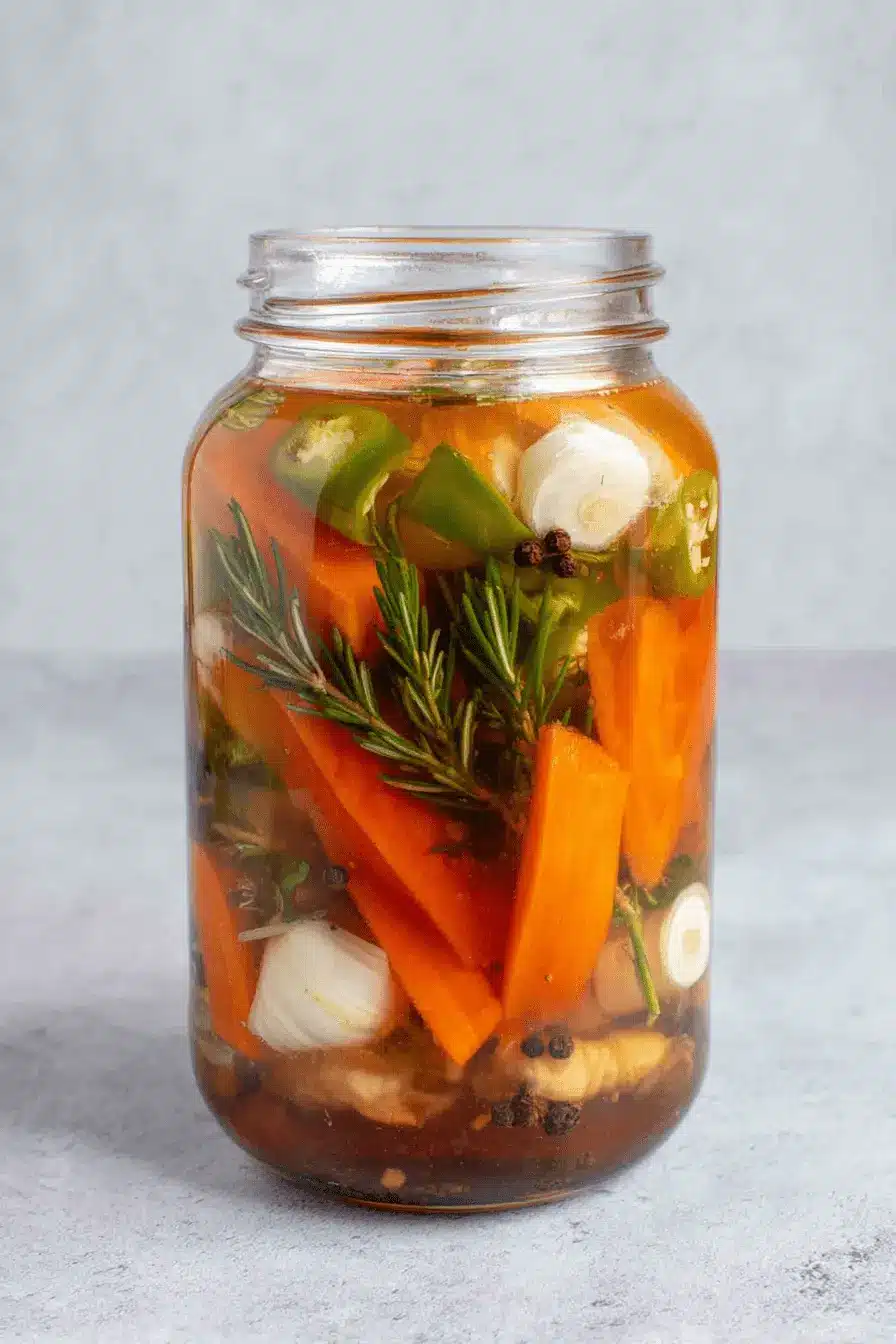 Powerful Fire Cider Recipe for Winter Wellness 2 A close-up of a glass jar filled with vibrant ingredients for a homemade fire cider recipe, featuring carrots, jalapeƱos, garlic, and rosemary in a rich amber liquid.