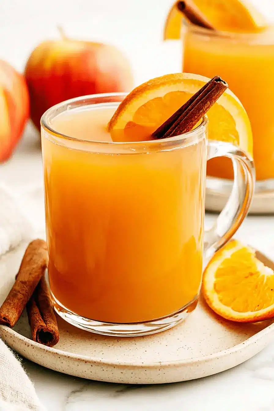 Amazing Homemade Apple Cider Recipe 2 A close-up of a glass mug filled with warm, spiced apple cider, garnished with an orange slice and cinnamon stick, suggesting a delicious apple cider recipe.