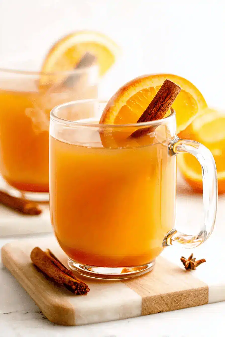 Ultimate Foolproof Apple Cider Recipe 2 Warm apple cider recipe in a clear glass mug with orange slices, cinnamon sticks, and star anise on a wooden and marble coaster.
