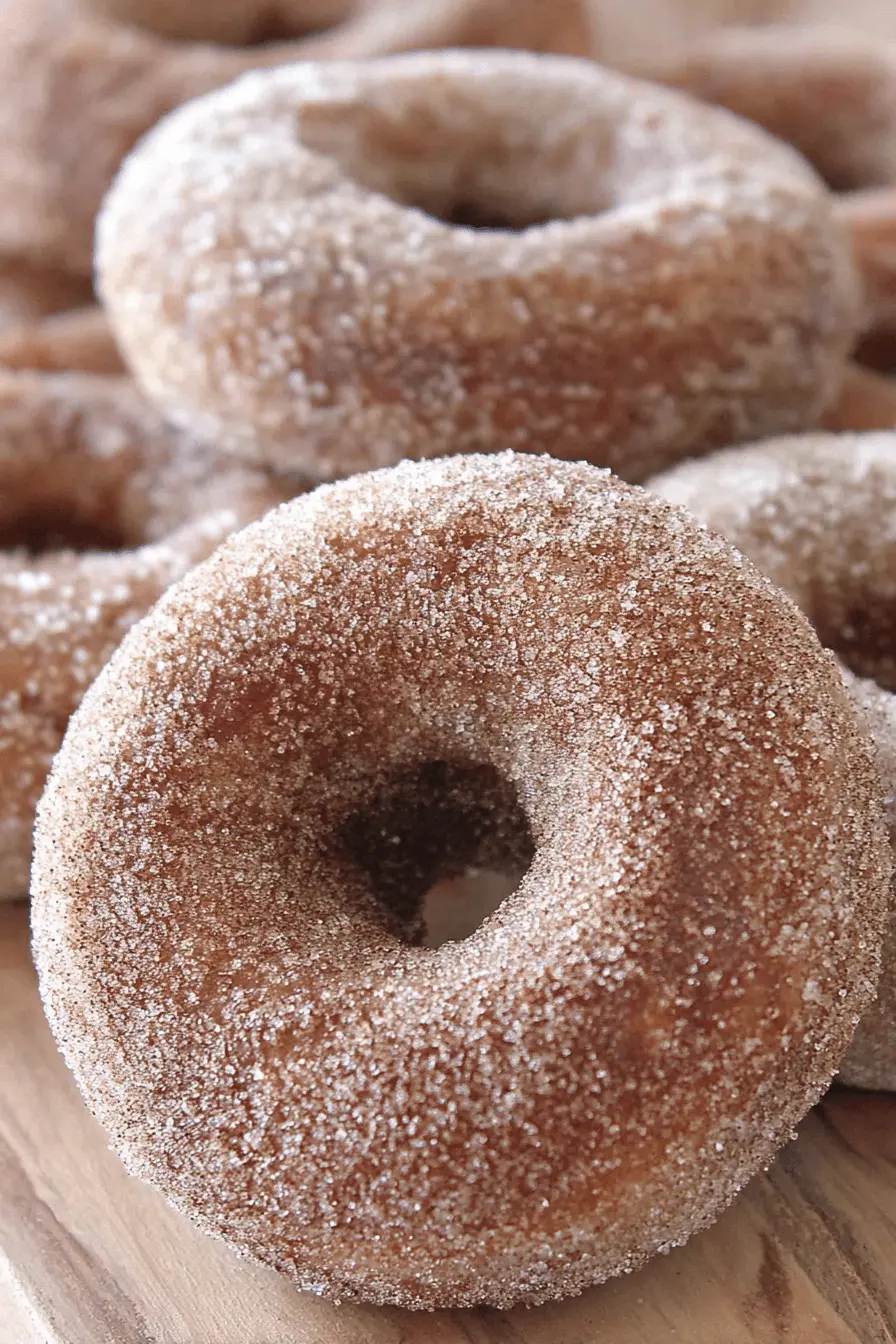 The Ultimate Baked Apple Cider Donuts Recipe 2 Close-up of golden-brown cinnamon sugar apple cider donuts, sparkling with sugar granules, a perfect treat from this apple cider donuts recipe.