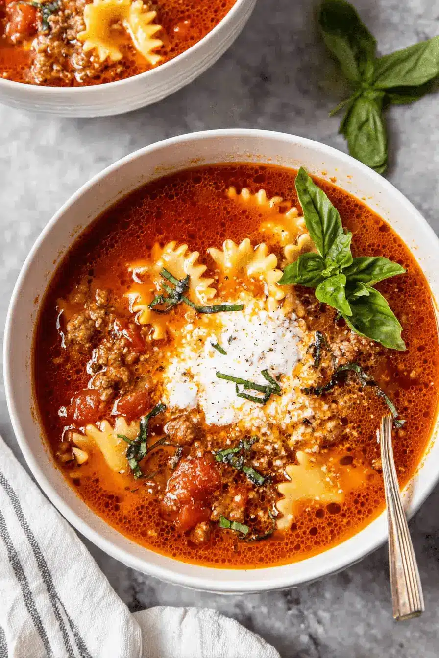 Easy One-Pot Lasagna Soup 2 Close-up overhead view of a hearty bowl of homemade lasagna soup garnished with ricotta and fresh basil.