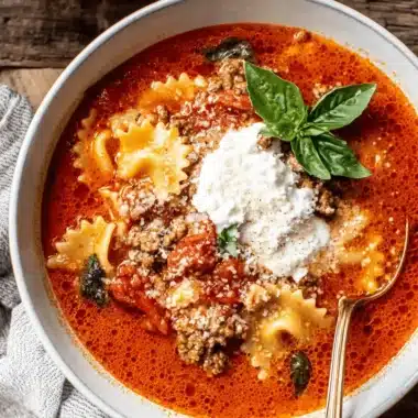 Foolproof One-Pot Lasagna Soup 3 A close-up, top-down view of a vibrant bowl of hot Lasagna Soup with farfalle pasta, ground meat, ricotta, Parmesan, and fresh basil on a rustic wooden surface.