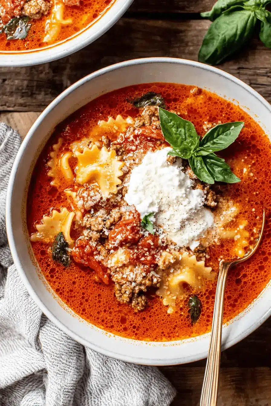 Foolproof One-Pot Lasagna Soup 2 A close-up, top-down view of a vibrant bowl of hot Lasagna Soup with farfalle pasta, ground meat, ricotta, Parmesan, and fresh basil on a rustic wooden surface.