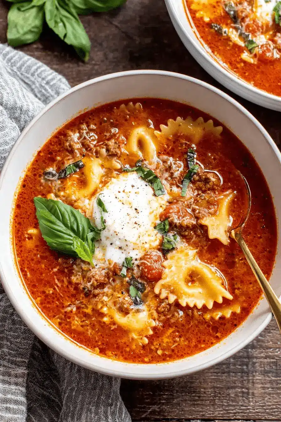 The Ultimate One-Pot Lasagna Soup 2 Close-up of a hearty bowl of Lasagna Soup with farfalle pasta, ground meat, and fresh basil on a rustic wooden surface.
