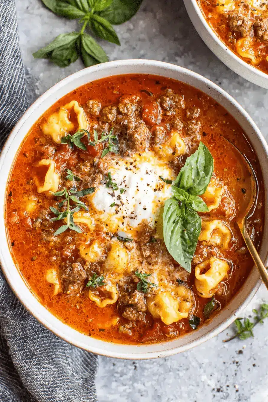 Sensational Lasagna Soup: Easy Weeknight Comfort 2 Close-up of a hearty bowl of Lasagna Soup, garnished with creamy ricotta, ground meat, and fresh basil.
