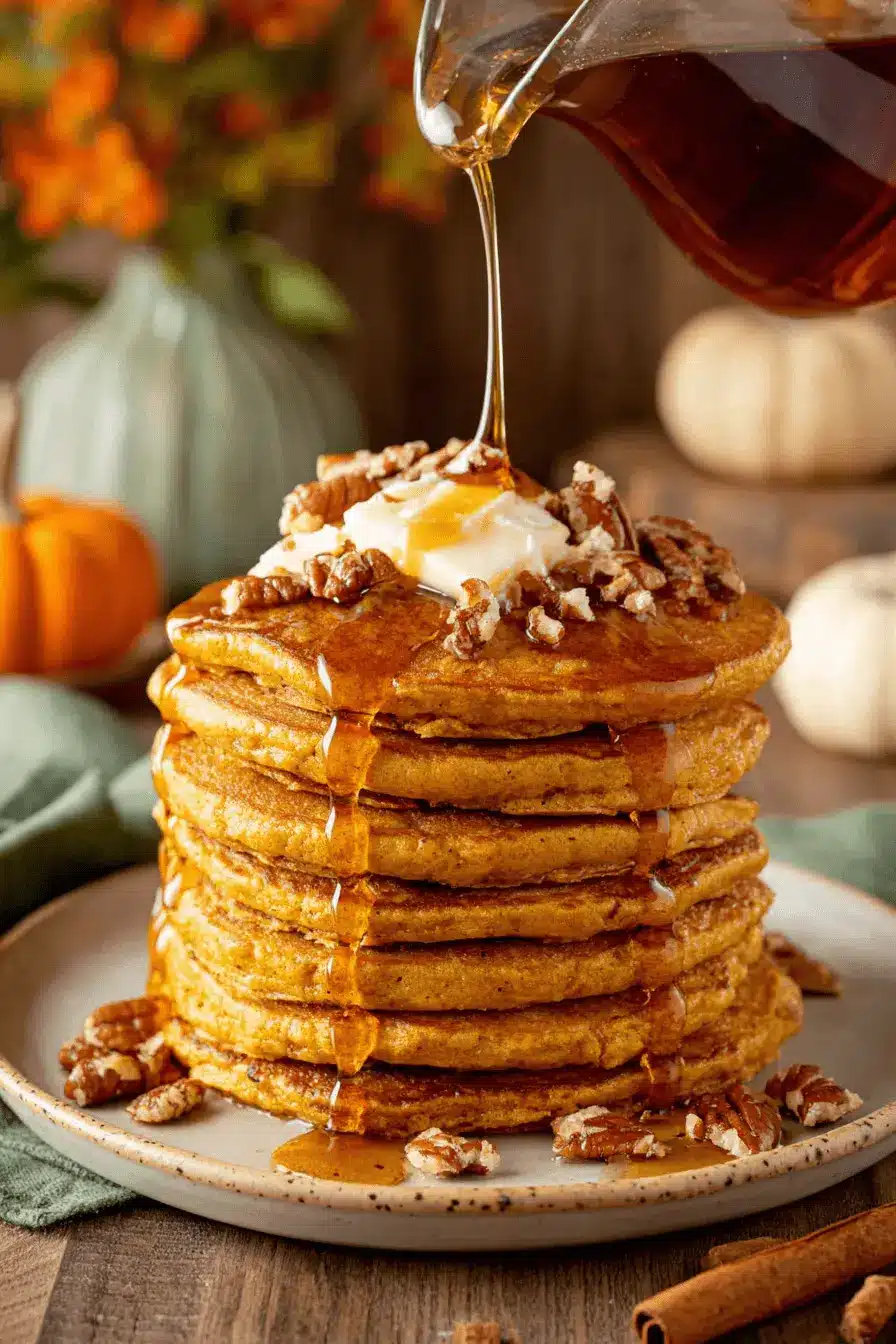 The Ultimate Fluffy Pumpkin Pancakes 2 A stack of fluffy pumpkin pancakes topped with melting butter, pecans, and maple syrup cascading down the sides, set in a warm autumnal scene.