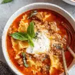 Ultimate Lasagna Soup: Quick One-Pot Comfort 5 Close-up overhead shot of a rustic bowl of hearty Lasagna Soup, garnished with creamy ricotta and fresh basil.