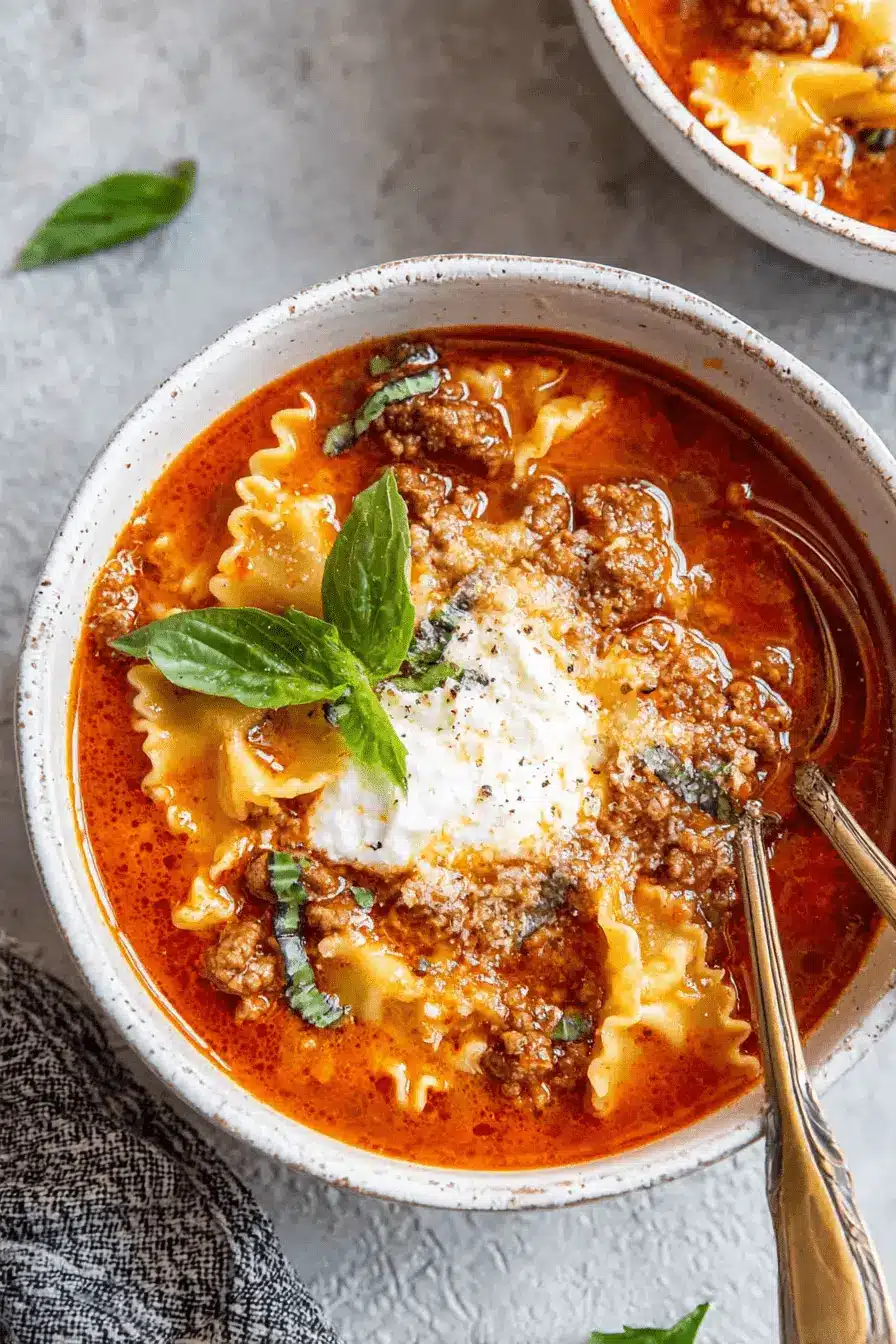 Ultimate Lasagna Soup: Quick One-Pot Comfort 2 Close-up overhead shot of a rustic bowl of hearty Lasagna Soup, garnished with creamy ricotta and fresh basil.