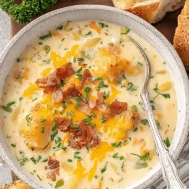 Amazing Potato Soup Crock Pot for Busy Nights 3 Hearty and creamy potato soup made in a crock pot, garnished with cheddar, bacon, and chives, served with crusty bread.