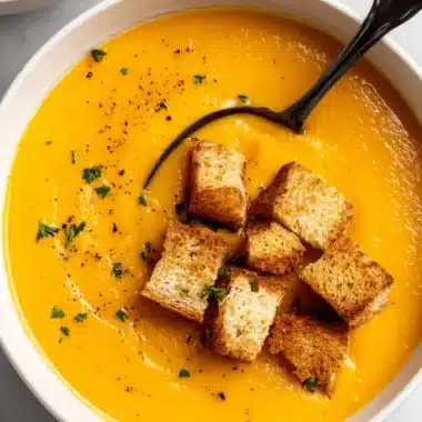 Amazing Creamy Sweet Potato Soup 3 Close-up of a creamy sweet potato soup in a white bowl, garnished with croutons, parsley, and black pepper, with a ladle resting in it.