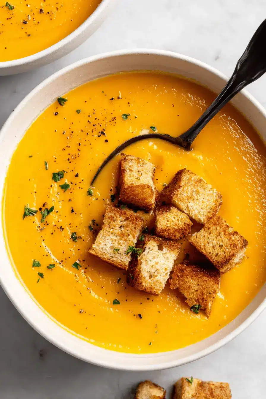 Amazing Creamy Sweet Potato Soup 2 Close-up of a creamy sweet potato soup in a white bowl, garnished with croutons, parsley, and black pepper, with a ladle resting in it.