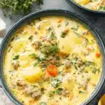 Easy One-Pot Sausage Potato Soup Recipe 5 Overhead view of two bowls of creamy sausage potato soup garnished with fresh thyme.