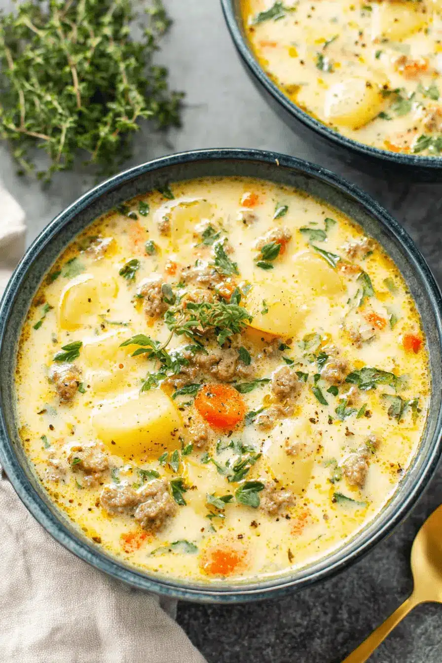 Easy One-Pot Sausage Potato Soup Recipe 2 Overhead view of two bowls of creamy sausage potato soup garnished with fresh thyme.
