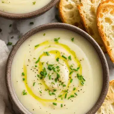 Amazing Leek and Potato Soup: Foolproof & Creamy 3 Two rustic bowls of creamy leek and potato soup, garnished with olive oil, chives, and black pepper, served with toasted baguette slices.