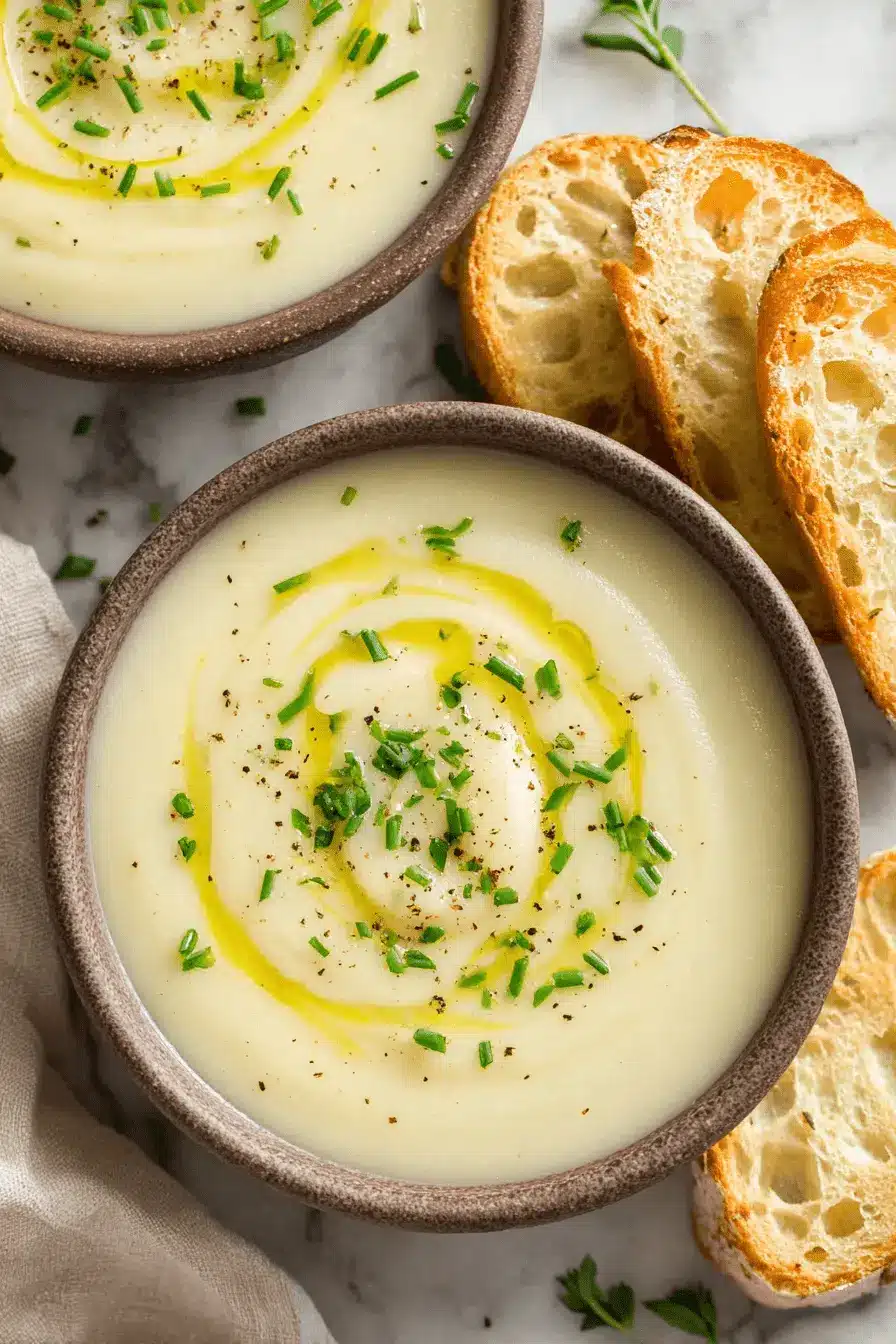 Amazing Leek and Potato Soup: Foolproof & Creamy 2 Two rustic bowls of creamy leek and potato soup, garnished with olive oil, chives, and black pepper, served with toasted baguette slices.