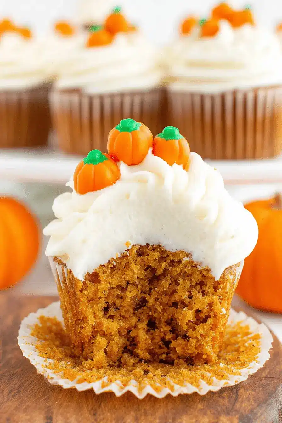 Amazing Easy Pumpkin Cupcakes Recipe 2 Close-up of a broken pumpkin cupcake revealing its moist, spiced interior, topped with creamy white frosting and candy pumpkins on a wooden board, with more pumpkin cupcakes out of focus.