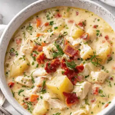 The Ultimate Creamy Chicken Potato Soup Recipe 3 A close-up, overhead view of a hearty bowl of creamy chicken potato soup garnished with bacon and fresh dill.