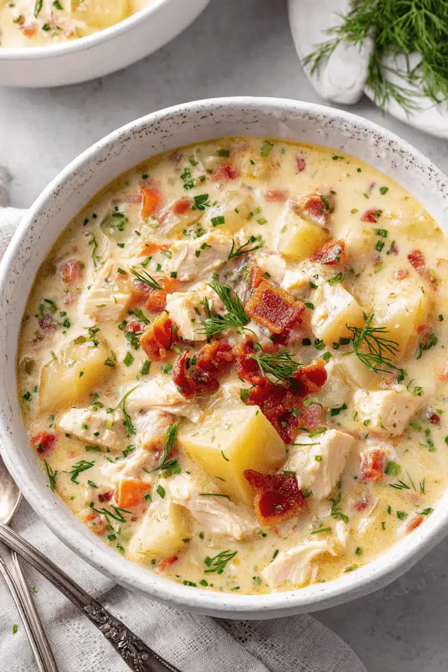 The Ultimate Creamy Chicken Potato Soup Recipe 2 A close-up, overhead view of a hearty bowl of creamy chicken potato soup garnished with bacon and fresh dill.