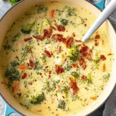 Unbelievably Creamy Broccoli Potato Soup Recipe 4 A creamy broccoli potato soup served in a light blue cast iron pot, garnished with bacon, parsley, and red pepper flakes.