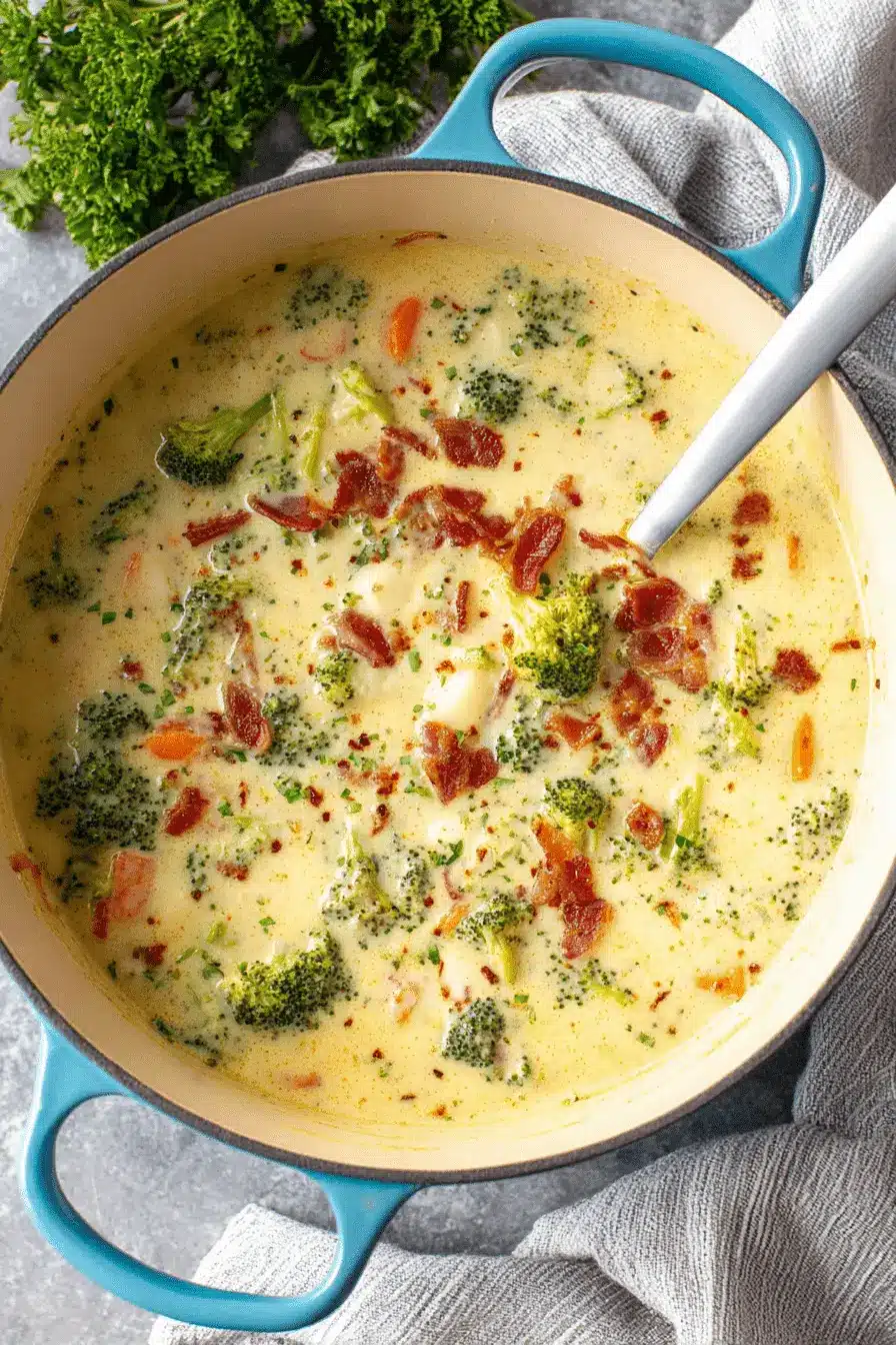 Unbelievably Creamy Broccoli Potato Soup Recipe 2 A creamy broccoli potato soup served in a light blue cast iron pot, garnished with bacon, parsley, and red pepper flakes.