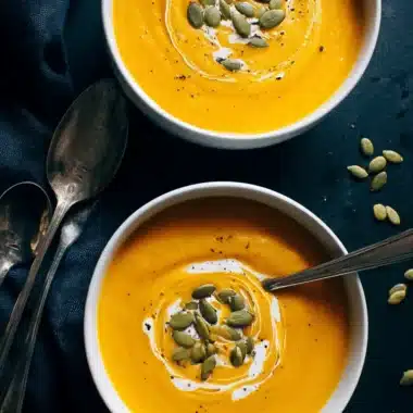 Luxurious Roasted Pumpkin Soup Recipe 3 Two bowls of creamy, vibrant roasted pumpkin soup garnished with cream swirls, green pumpkin seeds, and black pepper on a dark background.
