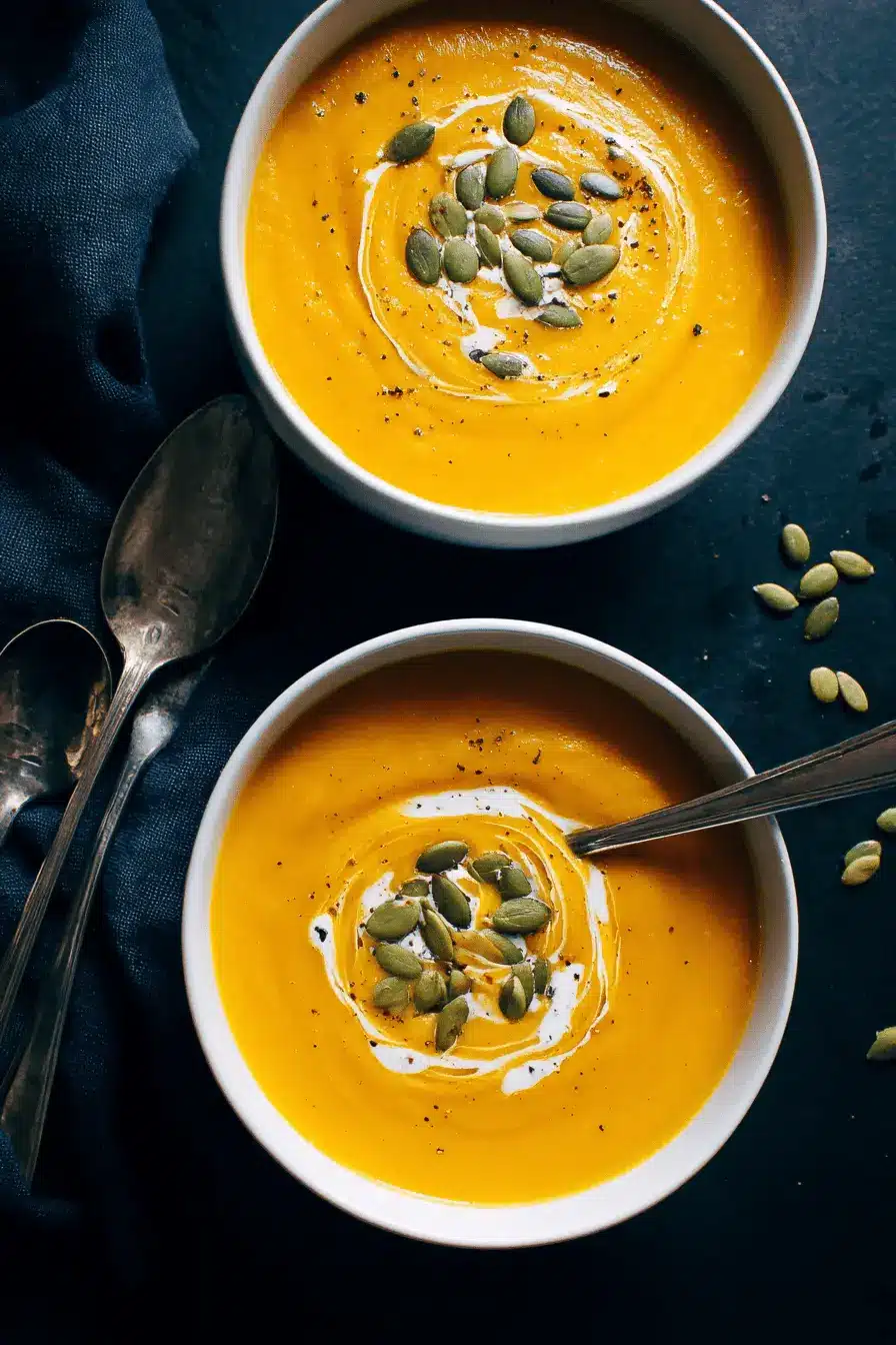 Luxurious Roasted Pumpkin Soup Recipe 2 Two bowls of creamy, vibrant roasted pumpkin soup garnished with cream swirls, green pumpkin seeds, and black pepper on a dark background.