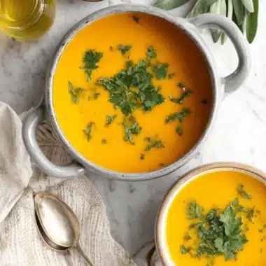 Ultimate Butternut Squash Soup Recipes: Easy Comfort 3 Top-down view of two bowls of vibrant orange butternut squash soup, garnished with parsley, served with olive oil, pumpkin seeds, and sage on a white marble surface.