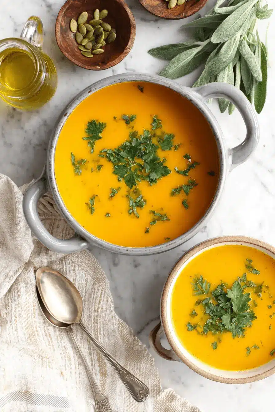 Ultimate Butternut Squash Soup Recipes: Easy Comfort 2 Top-down view of two bowls of vibrant orange butternut squash soup, garnished with parsley, served with olive oil, pumpkin seeds, and sage on a white marble surface.