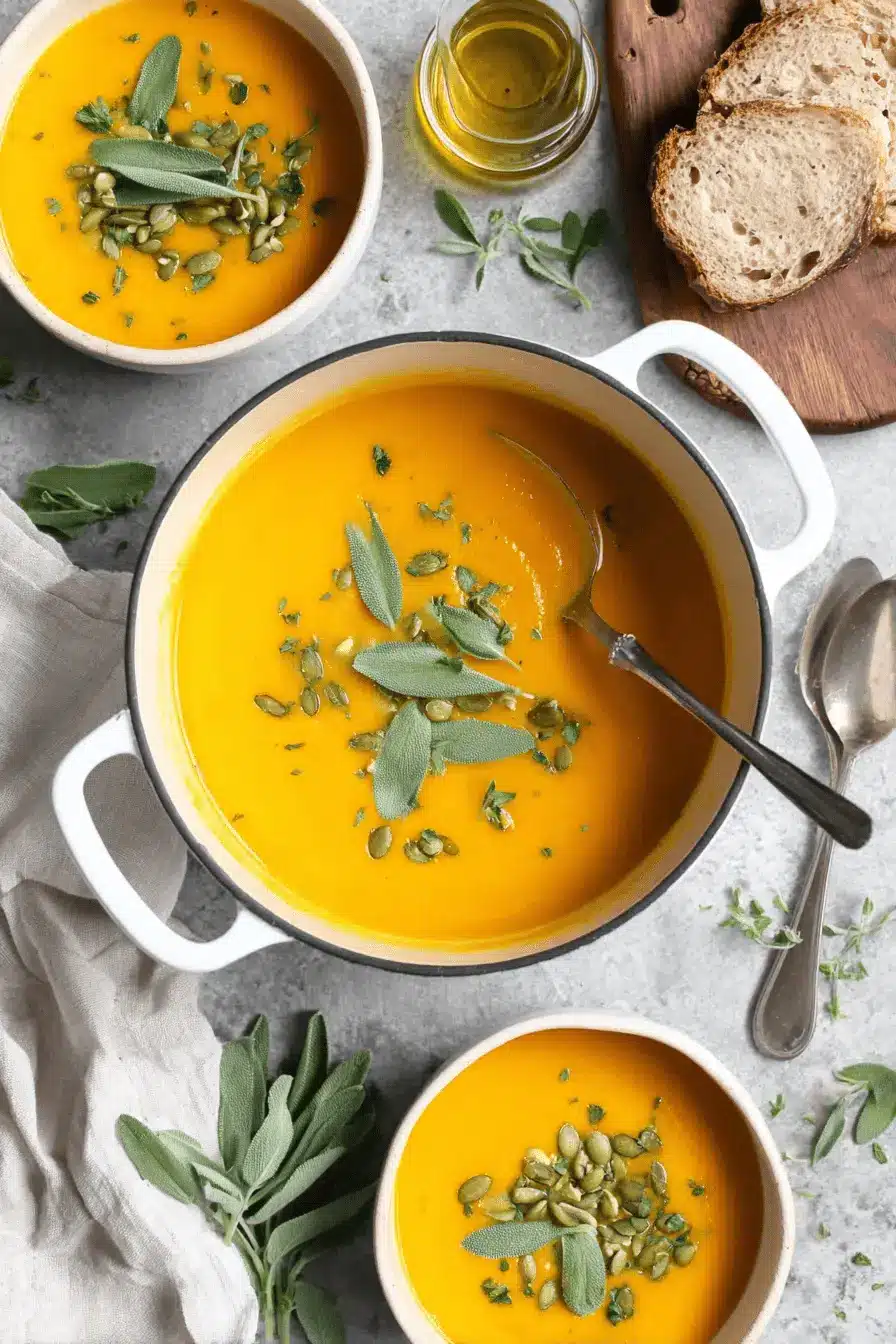 Simple Butternut Squash Recipes Soup: Cozy & Creamy 2 Warm butternut squash soup with pumpkin seeds and sage in a white pot, perfect for comforting butternut squash recipes soup.
