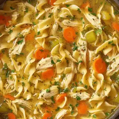 The Ultimate Easy Chicken Noodle Soup 4 Close-up of a steaming bowl of classic chicken noodle soup with tender chicken, wide egg noodles, carrots, and celery.