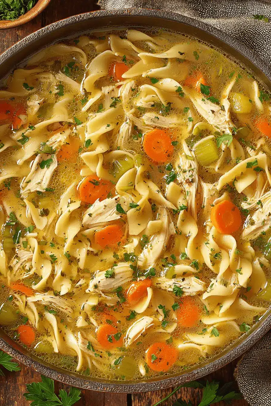 The Ultimate Easy Chicken Noodle Soup 2 Close-up of a steaming bowl of classic chicken noodle soup with tender chicken, wide egg noodles, carrots, and celery.