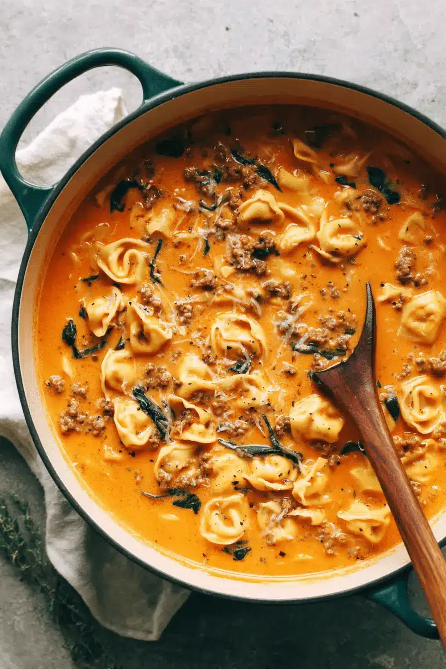 Amazing Creamy Tortellini Soup 2 Close-up of hearty, creamy tortellini soup with meat and spinach in a dark teal Dutch oven, ready to serve.