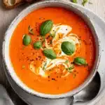 Ultimate Easy Creamy Tomato Soup 5 Rustic bowl of vibrant tomato soup with cream swirls, fresh basil, and crusty bread on a wooden table.