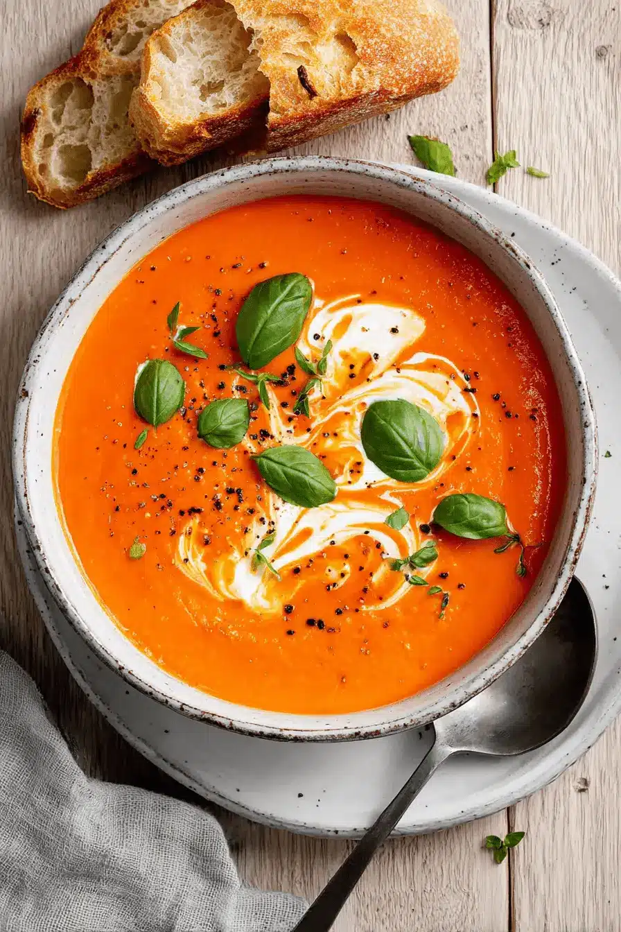 Ultimate Easy Creamy Tomato Soup 2 Rustic bowl of vibrant tomato soup with cream swirls, fresh basil, and crusty bread on a wooden table.