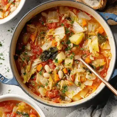 Amazing Cabbage Soup: Easy & Delicious Recipe 3 Hearty cabbage soup with vegetables and cannellini beans in a blue cast iron pot, served with crusty bread.