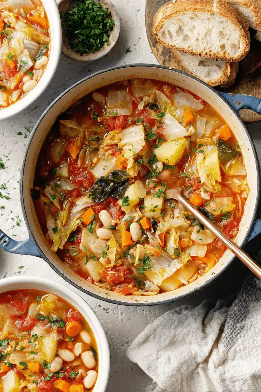 Amazing Cabbage Soup: Easy & Delicious Recipe 2 Hearty cabbage soup with vegetables and cannellini beans in a blue cast iron pot, served with crusty bread.