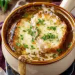 Ultimate Foolproof French Onion Soup 5 Steaming bowl of classic French onion soup in a rustic ceramic crock, topped with melted golden-brown Gruyère cheese and toasted bread.