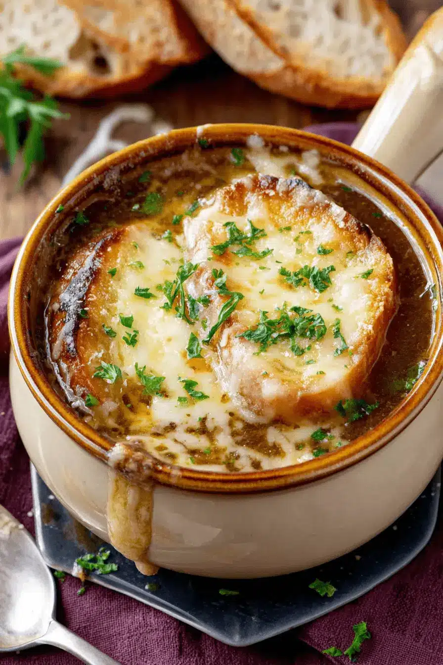 Ultimate Foolproof French Onion Soup 2 Steaming bowl of classic French onion soup in a rustic ceramic crock, topped with melted golden-brown Gruyère cheese and toasted bread.
