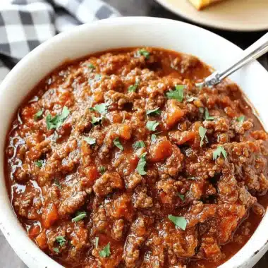 The Ultimate Easy Pumpkin Chili Recipe 3 A rustic white bowl of hearty pumpkin chili, garnished with fresh parsley, served on a dark wooden surface with cornbread in the background.