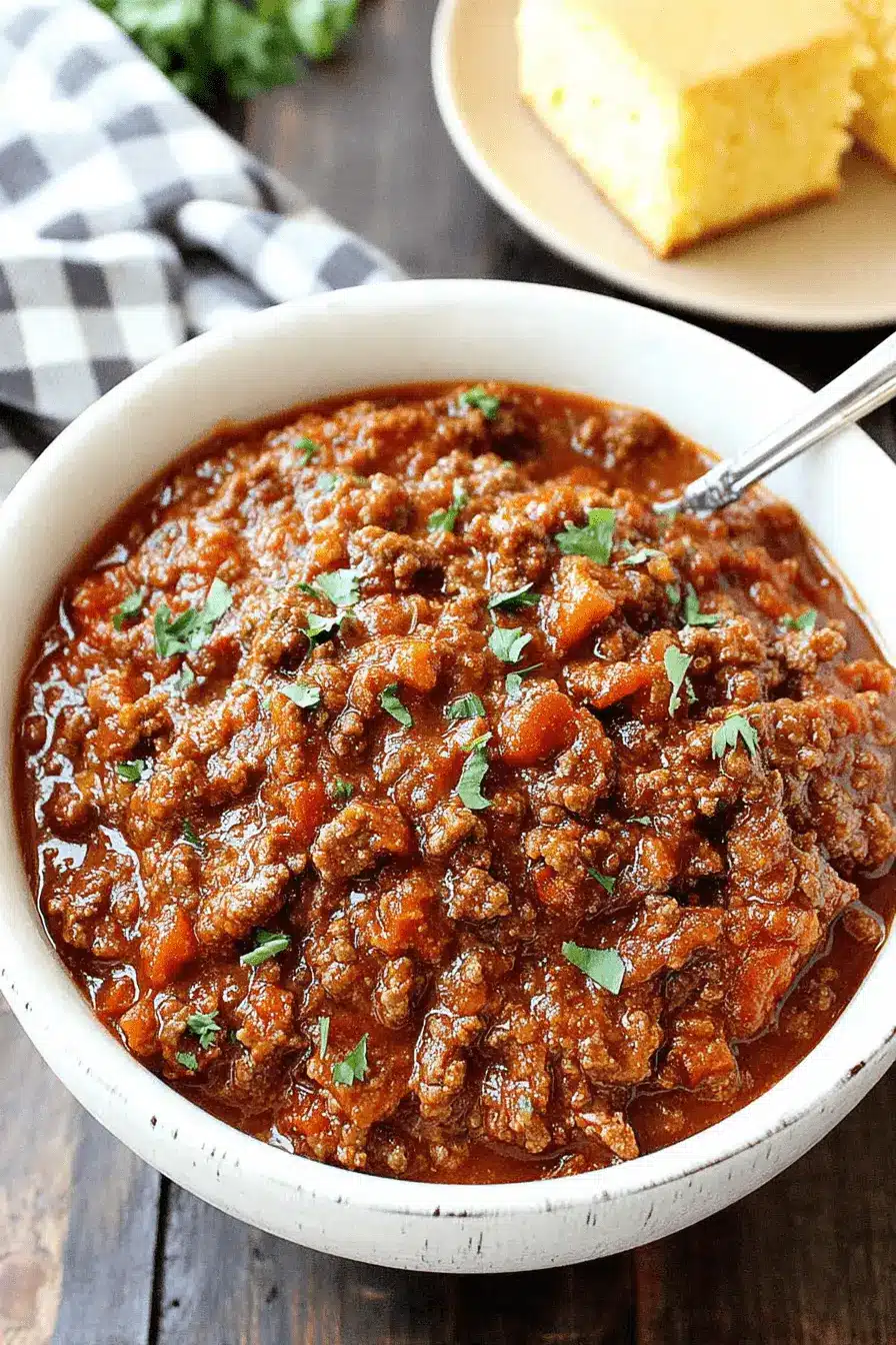 The Ultimate Easy Pumpkin Chili Recipe 2 A rustic white bowl of hearty pumpkin chili, garnished with fresh parsley, served on a dark wooden surface with cornbread in the background.