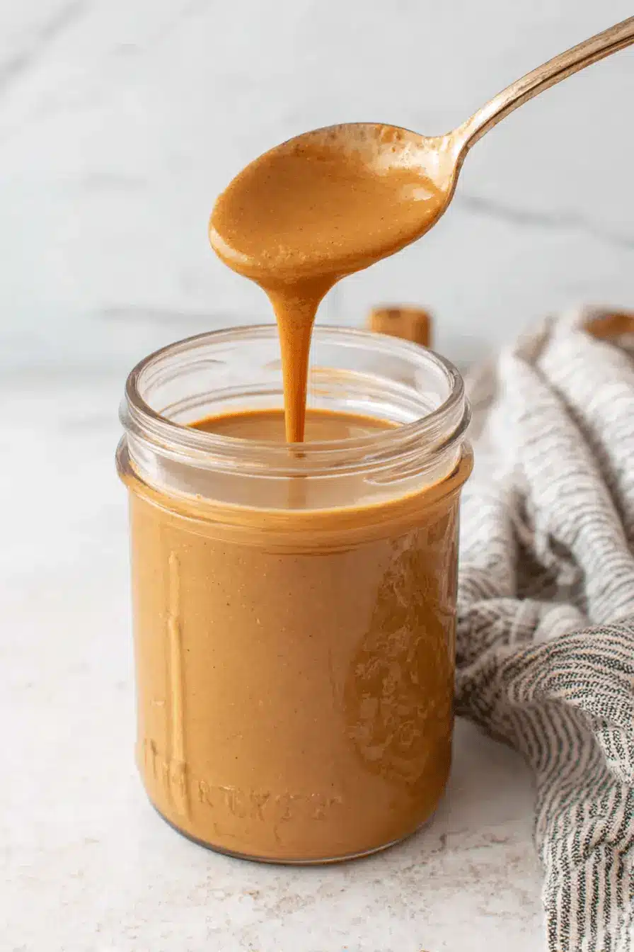 Foolproof No-Cook Pumpkin Spice Sauce Recipe 2 A silver spoon drips creamy pumpkin spice sauce into a glass jar, highlighting its smooth texture on a light background.