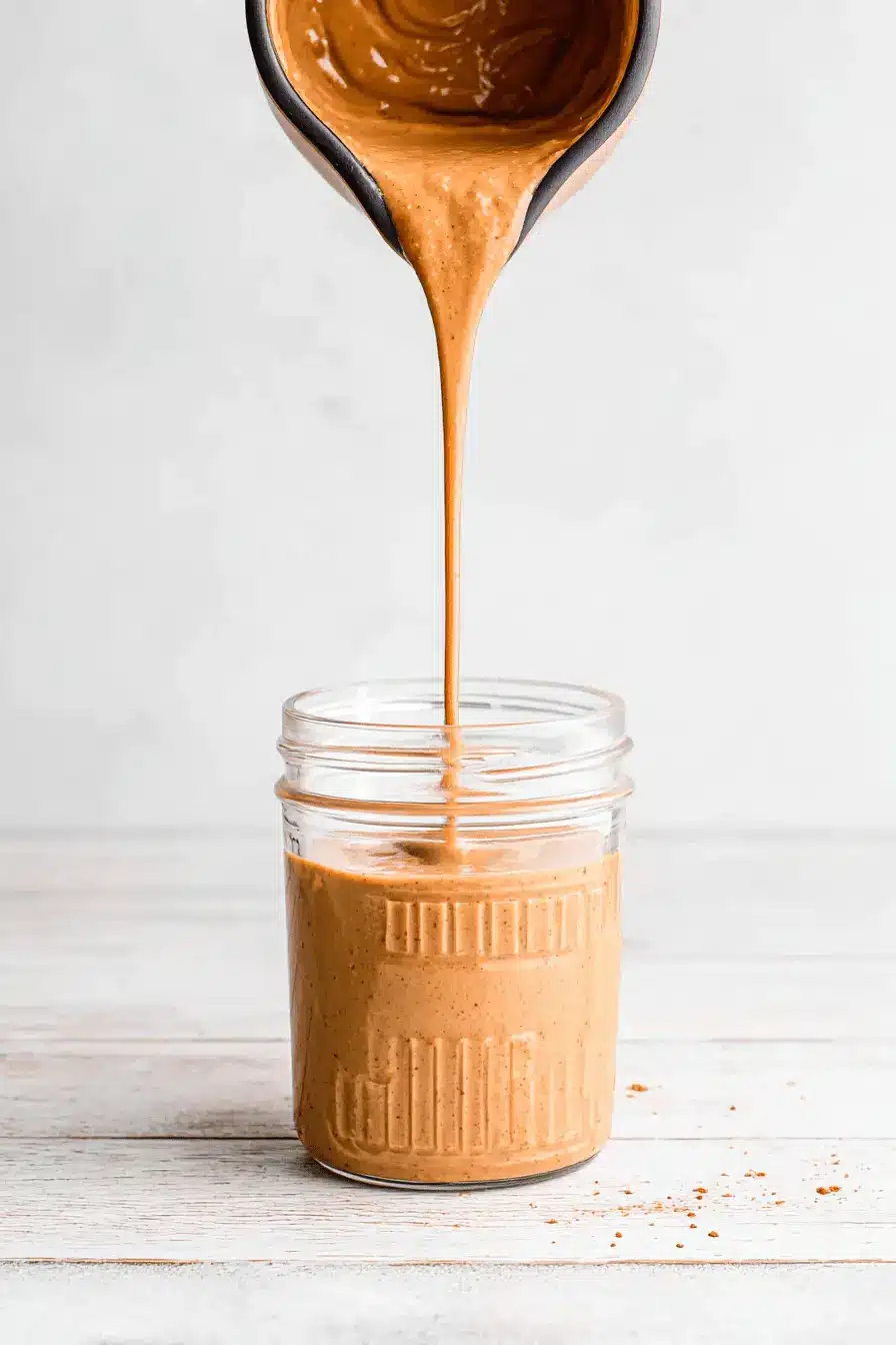 Amazing Easy Pumpkin Spice Sauce for Coffee 2 Thick, creamy light brown substance, visually resembling nut butter, being poured into a mason jar, prepared as a base for a rich pumpkin spice sauce for coffee.