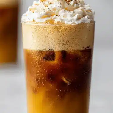 Make Amazing Pumpkin Cream Cold Foam at Home 4 Close-up of a layered iced coffee drink crowned with frothy pumpkin cream cold foam, whipped cream, and a dusting of cinnamon.