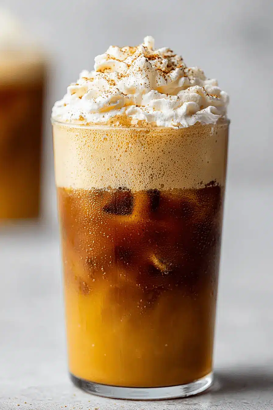 Make Amazing Pumpkin Cream Cold Foam at Home 2 Close-up of a layered iced coffee drink crowned with frothy pumpkin cream cold foam, whipped cream, and a dusting of cinnamon.