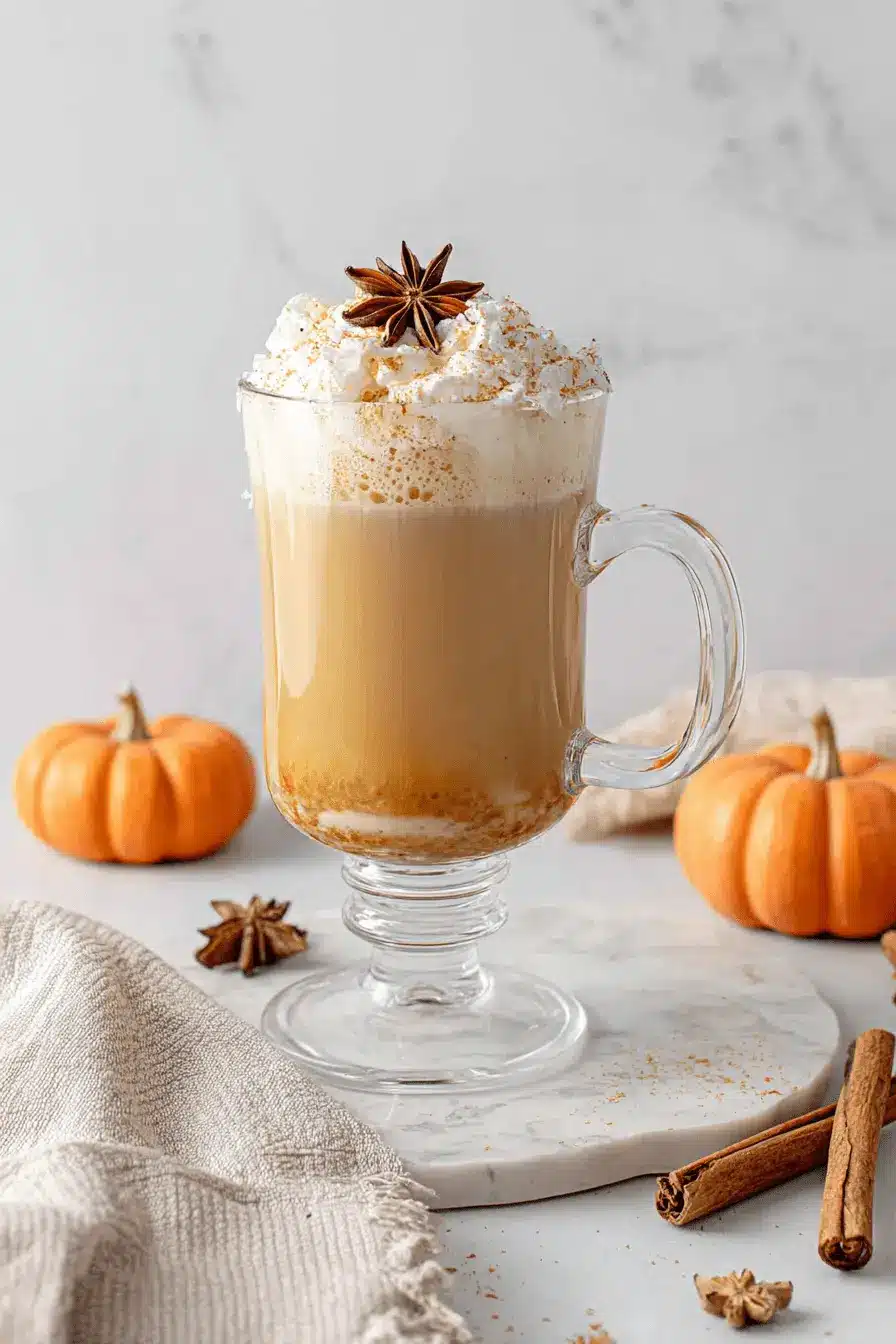 Ultimate Pumpkin Chai Latte: Easy Homemade Recipe 2 A beautifully styled pumpkin chai latte topped with whipped cream, star anise, and cinnamon, surrounded by mini pumpkins and spices on a marble slab.