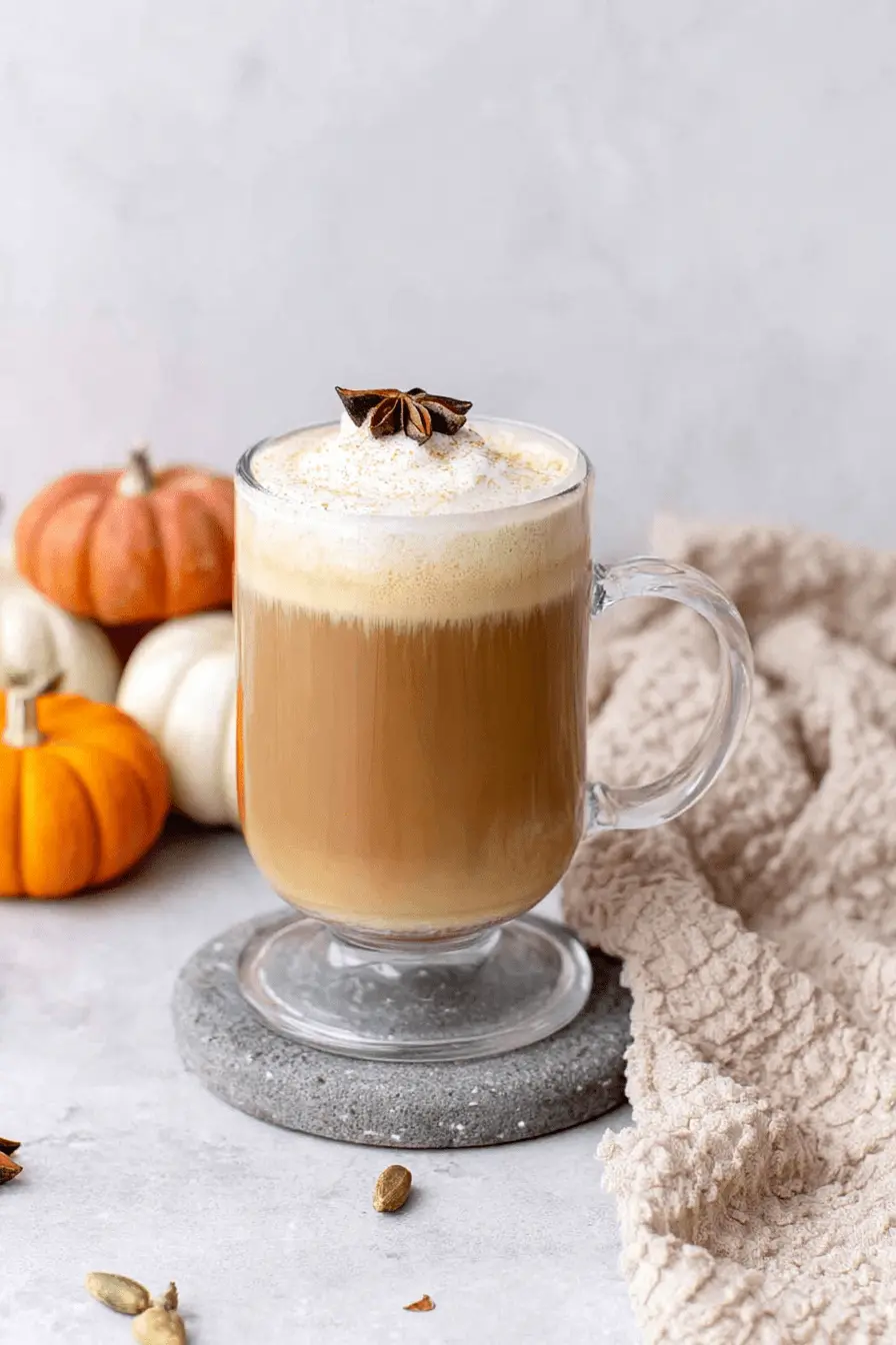 Wonderful Homemade Pumpkin Chai Latte 2 A cozy pumpkin chai latte in a clear glass mug with whipped cream, star anise, and decorative fall pumpkins.