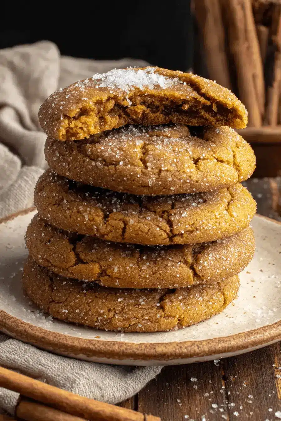 Ultimate Chewy Pumpkin Cookies Recipe 2 Rustic stack of sugar-coated gingerbread cookies, evoking the warm, spiced comfort found in homemade pumpkin cookies.